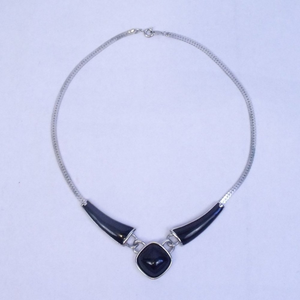 Trifari Faux Black Onyx Silver Tone Necklace